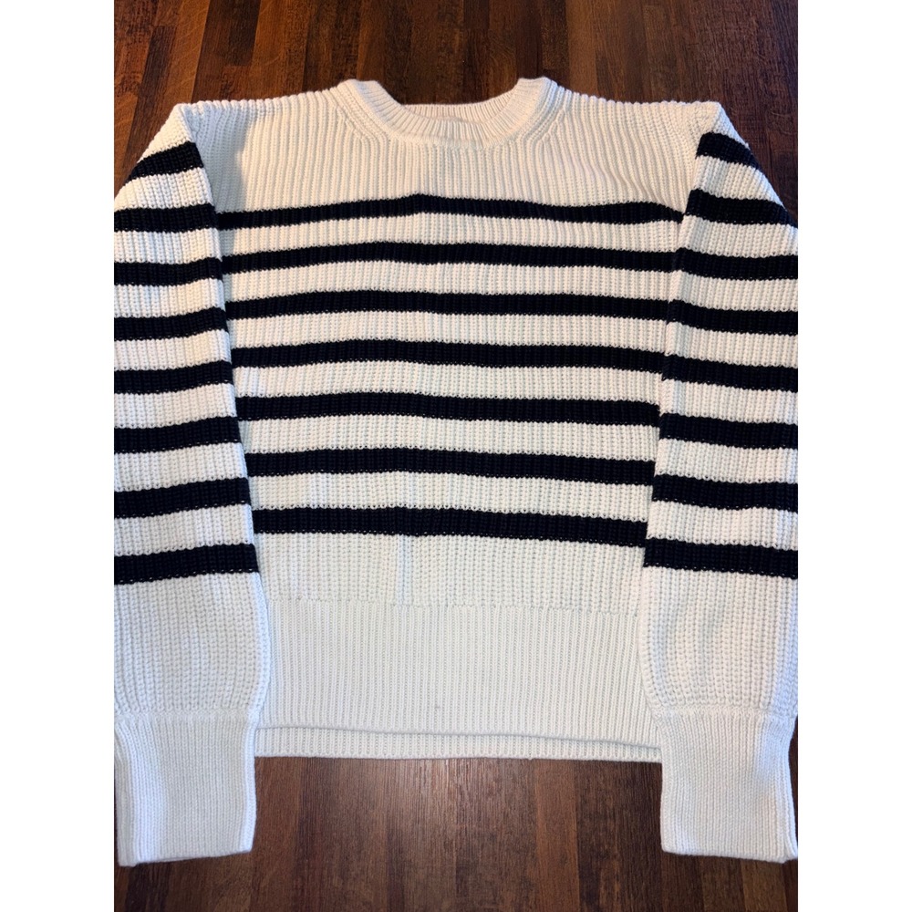 Gap Womens Large White Navy Blue Striped Shaker Stitch Cotton Crewneck Sweater